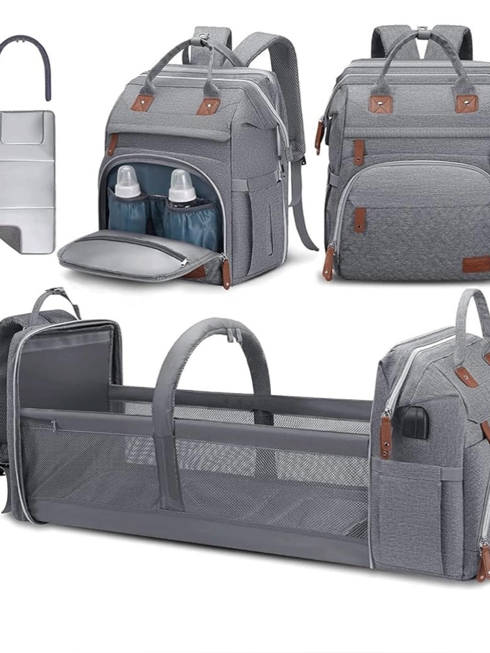 Diaper bag backpack with changing station and USB ports.